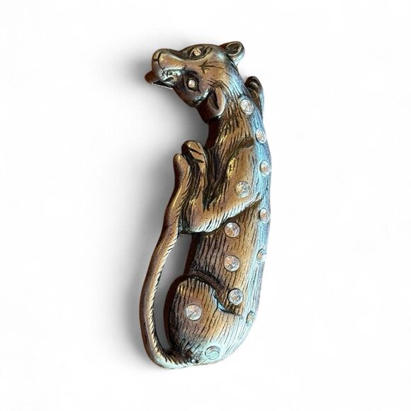 VINTAGE Woman's LEOPARD Belt Buckle Brass Gold Tone w/ RHINESTONE 3.5" - Picture 3 of 6